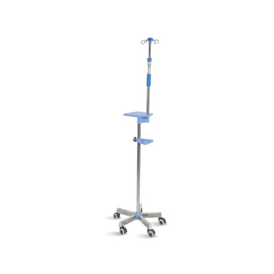  I.V.STAND ON 5 WHEELS TROLLEY with handle and shelf - stainless steel - 4 hooks